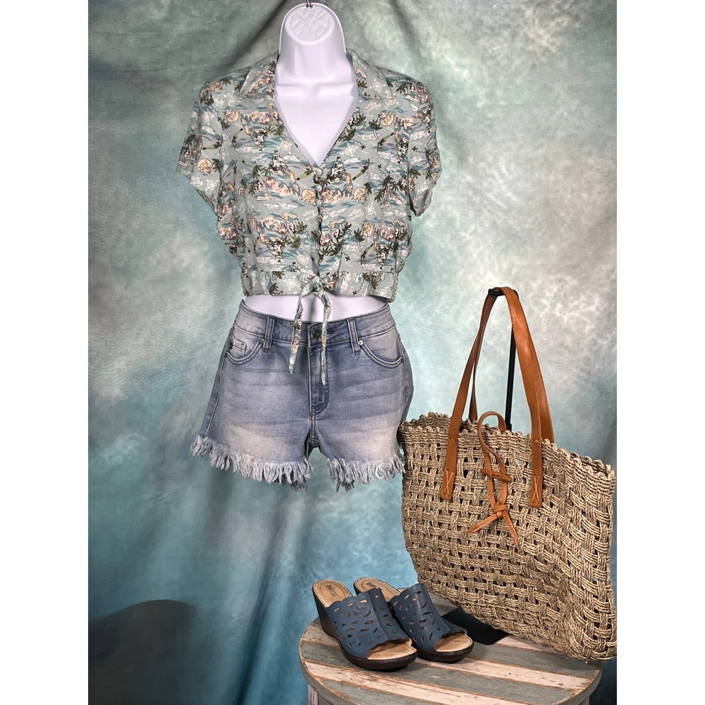 Disney Peter Pan Mermaid Lagoon Tie Front Crop Top Blue Rayon Womens Medium MD - Picture 7 of 7